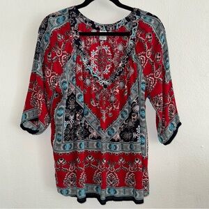 Bila Red and Black Boho 3/4 Sleeve Tunic Blouse